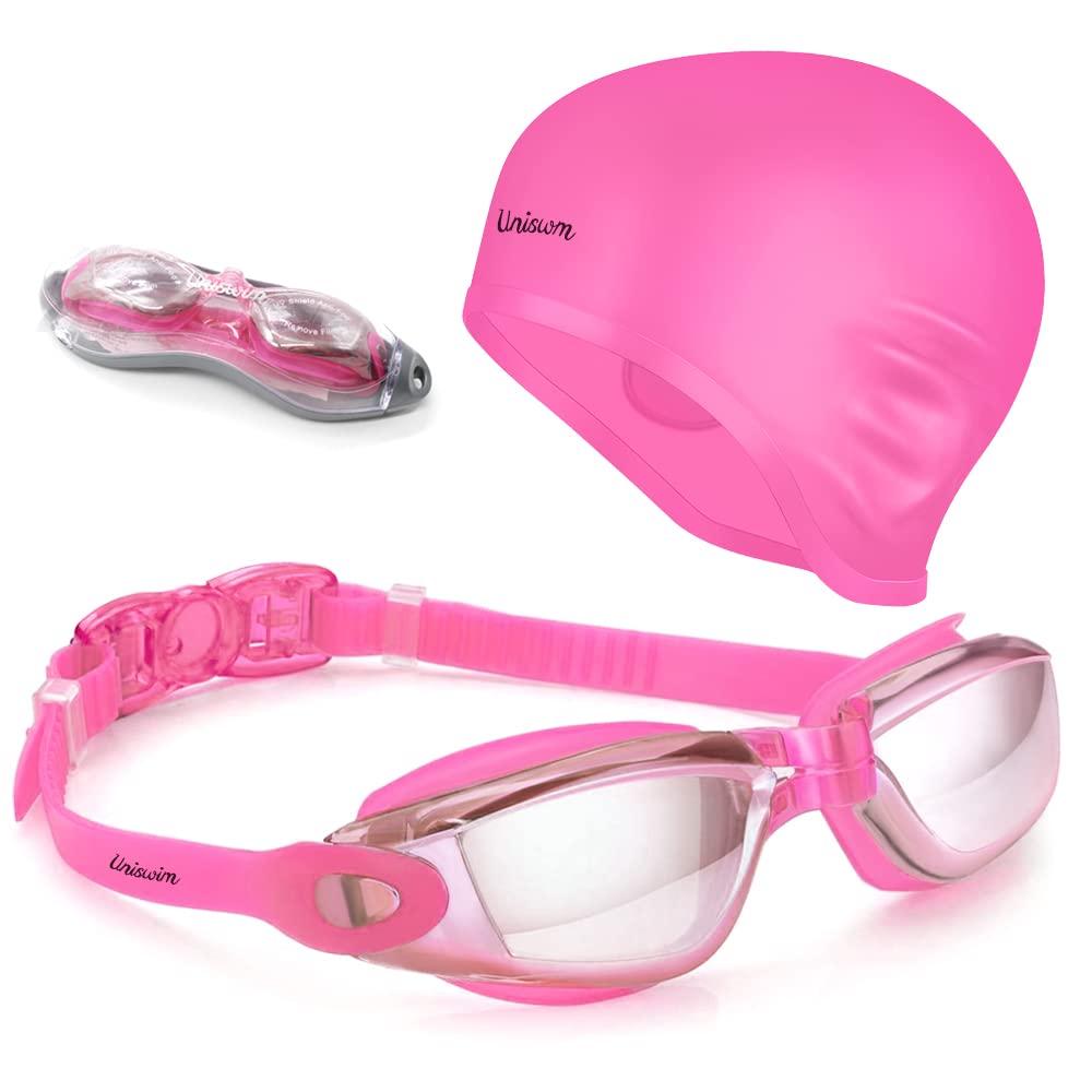 Uniswim Unisex-Adult Mirrored Coating Lens Swim Goggles Cap Set Silicone Swim Cap Goggles Pack For Men Women(Pink)