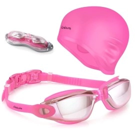 Uniswim Unisex-Adult Mirrored Coating Lens Swim Goggles Cap Set Silicone Swim Cap Goggles Pack For Men Women(Pink)