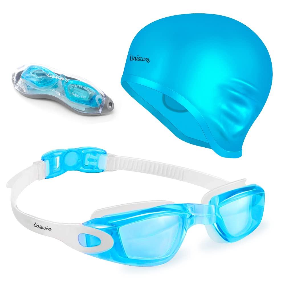 Uniswim Swim Cap And Goggles Set For Women Men With Anti Fog Glasses Clear Lens For Swimming (Aqua)