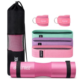 G4Free 7Pcs Barbell Pad Set For Squat, Hip Thrusts, Lunges Standard Olympic Bars With 2 Gym Ankle Safety Straps, 3 Hip Resistance Bands, Barbell Pad And Carry Bag Pink