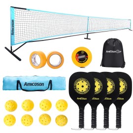 Amicoson Pickleball Set With Net, 22Ft Pickleball Net Sets Portable Outdoor With 4 Wooden Pickleball Paddles, 8 Pickleballs, 1 Carrying Bag, 1 Backpack, 2 Rolls Of Court Marking Tape &1 Measuring Tape