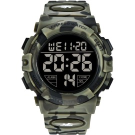 Mens Digital Outdoor Sports Multifunction Waterproof Led Light Alarm Calendar Date Watch With Silicone Strap, 122 Green Camouflage Black