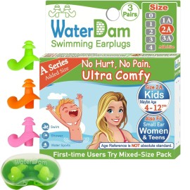 Waterdam A-Series Swimming Ear Plugs Ultra Comfy Great Waterproof Earplugs (Size 2A+2A+2A: Kids Teens Small&Medium Ear Women (Green Orange Pink))