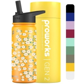 Proworks Gen 2 Insulated Water Bottles With Straw Lid, 540Ml Stainless Steel Water Bottle, 24 Hours Cold, 12 Hours Hot Drinks, Metal Leakproof Flask For Gym, Travel - Sunflower Yellow - Ditsy Floral
