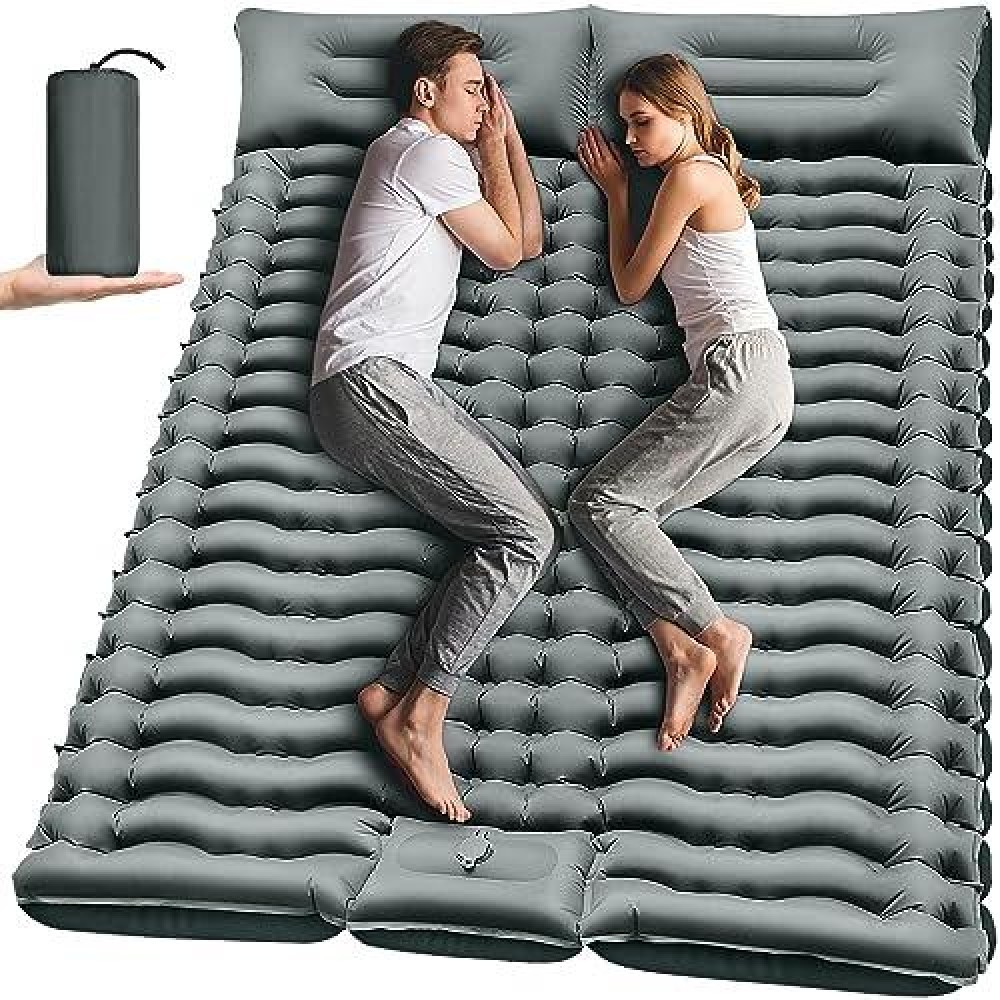 Yuzonc Double Camping Sleeping Pad, Inflatable Camping Pad Foot Press Ultralight 2 Person Camping Mat With Pillow For Camping Hiking Traveling Backpacking Tent-Gray