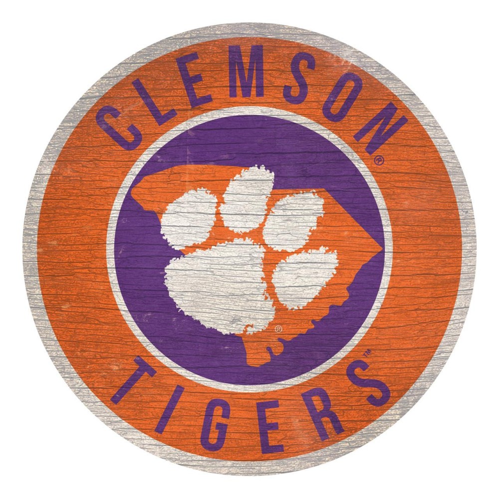 Clemson Tigers Sign Wood 12 Inch Round State Design