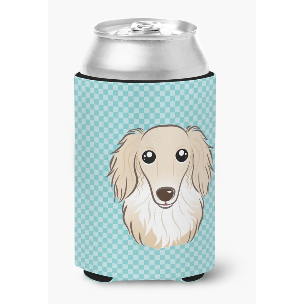 Checkerboard Blue Longhair Creme Dachshund Can Or Bottle Hugger Bb1150Cc