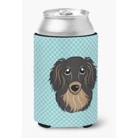 Checkerboard Blue Longhair Black And Tan Dachshund Can Or Bottle Hugger Bb1151Cc