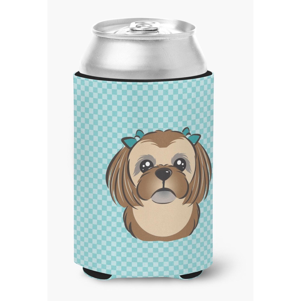 Checkerboard Blue Chocolate Brown Shih Tzu Can Or Bottle Hugger Bb1187Cc