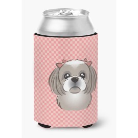 Checkerboard Pink Gray Silver Shih Tzu Can Or Bottle Hugger Bb1250Cc