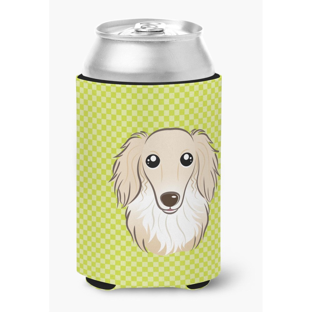 Checkerboard Lime Green Longhair Creme Dachshund Can Or Bottle Hugger Bb1274Cc