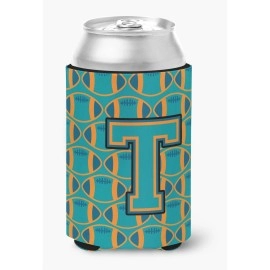 Caroline'S Treasures Cj1063-Tcc Letter T Football Aqua, Orange And Marine Blue Can Or Bottle Hugger, Multicolor