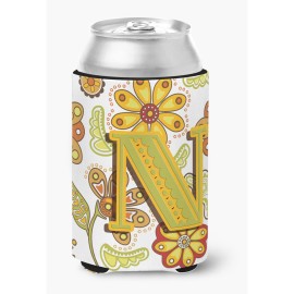 Letter N Floral Mustard And Green Can Or Bottle Hugger Cj2003-Ncc