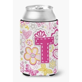 Letter T Flowers And Butterflies Pink Can Or Bottle Hugger Cj2005-Tcc