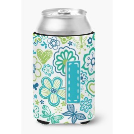 Letter I Flowers And Butterflies Teal Blue Can Or Bottle Hugger Cj2006-Icc