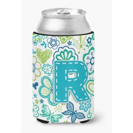 Letter R Flowers And Butterflies Teal Blue Can Or Bottle Hugger Cj2006-Rcc