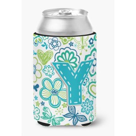Letter Y Flowers And Butterflies Teal Blue Can Or Bottle Hugger Cj2006-Ycc