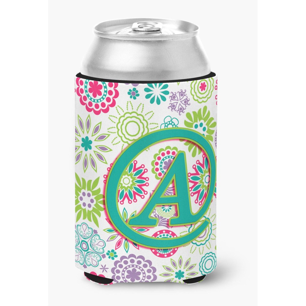 Letter A Flowers Pink Teal Green Initial Can Or Bottle Hugger Cj2011-Acc