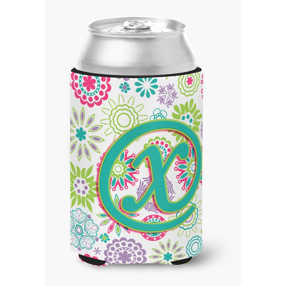 Letter X Flowers Pink Teal Green Initial Can Or Bottle Hugger Cj2011-Xcc