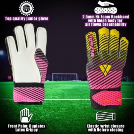 Vizari Sports Saturn Soccer Goalie Goalkeeper Gloves For Kids Youth & Boys, Football Gloves With Grip Boost Padded Palm And Fingersave Flat Cut Construction (9, Pink)