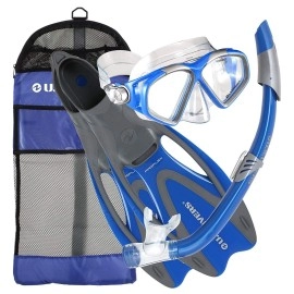 U.S. Divers Cozumel Seabreeze Adult Snorkeling Combo Set with Adjustable Mask, Snorkel, Extra-Large Fins (11.5-13), and Travel Bag, Blue