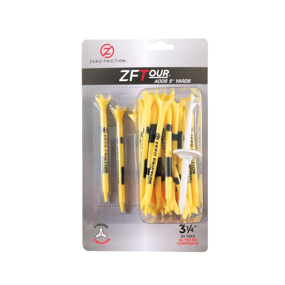 Zero Friction Tour 3-Prong Golf Tees (3-1/4 Inch, Yellow, Pack of 30)