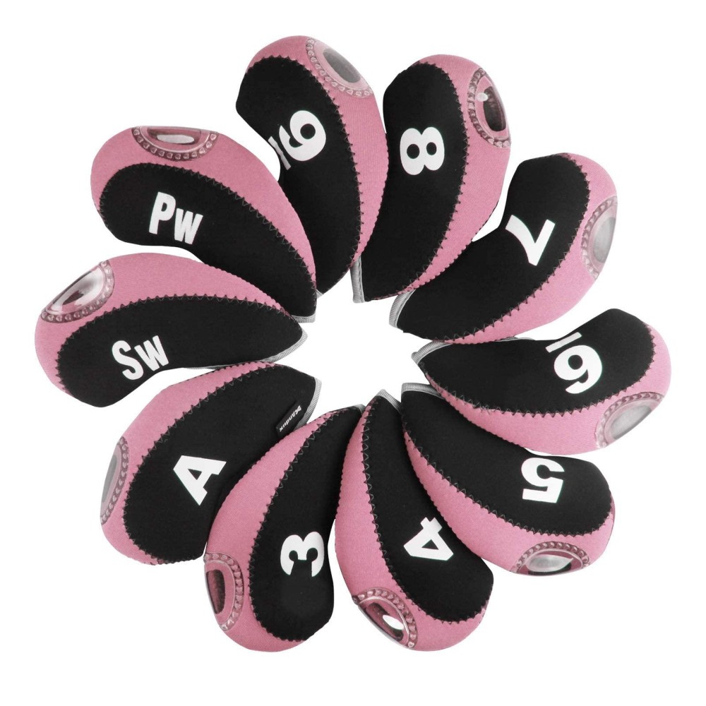 Andux Number Print Golf Iron Club Head Covers with Transparent Window 10pcs/Set Black/Pink