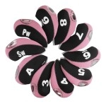 Andux Number Print Golf Iron Club Head Covers with Transparent Window 10pcs/Set Black/Pink