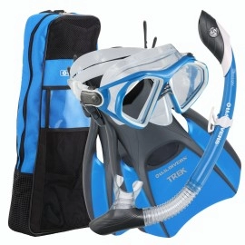 U.S. Divers Admiral Premium Snorkeling Set - Silicone Mask, Trek Travel Fins, Dry Top Snorkel + Snorkeling Gear Bag, Red, Large (Men (10-13), Women (11.5-15.5))