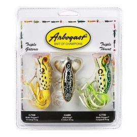 Arbogast Triple Threat Fishing Lure, Includes 1 Jitterbug Lure and 2 Hula Popper Lures, Freshwater Fishing Lures and Accessories., 2 Hula Popper, 1 Jitterbug
