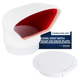 Five Oceans 3-Inch Cowl Vent with Snap-On Deck Plate and Cover, Low Profile UV-Resistant and Flexible PVC, Red Interior, for Air Intake or Cabin Ventilation - FO88