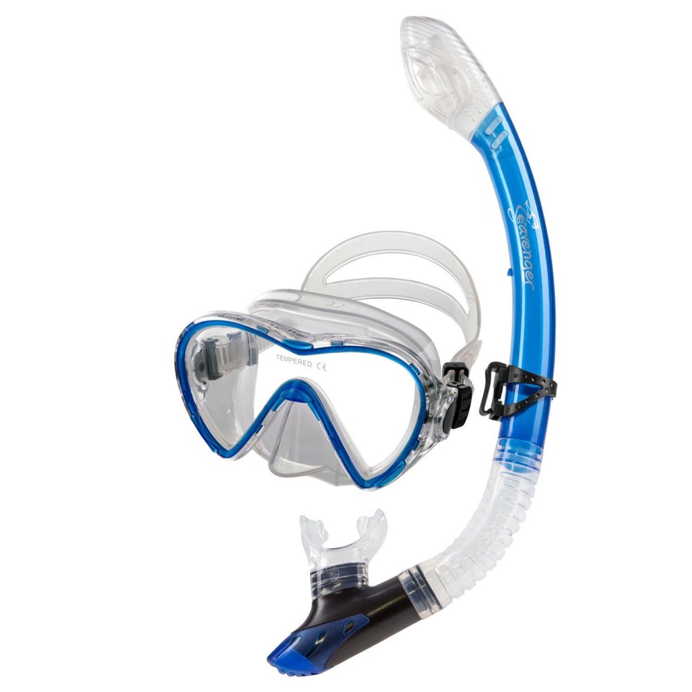 Seavenger Aviator Mask and Snorkel Snorkeling Set with Dry Top Men and Women (Blue)