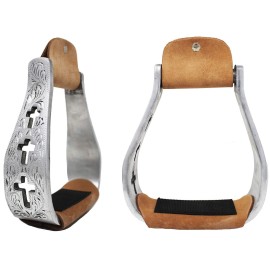 CHALLENGER Western Show Horse Saddle Stirrups Aluminum Leather Tread Cross Engraved 5145