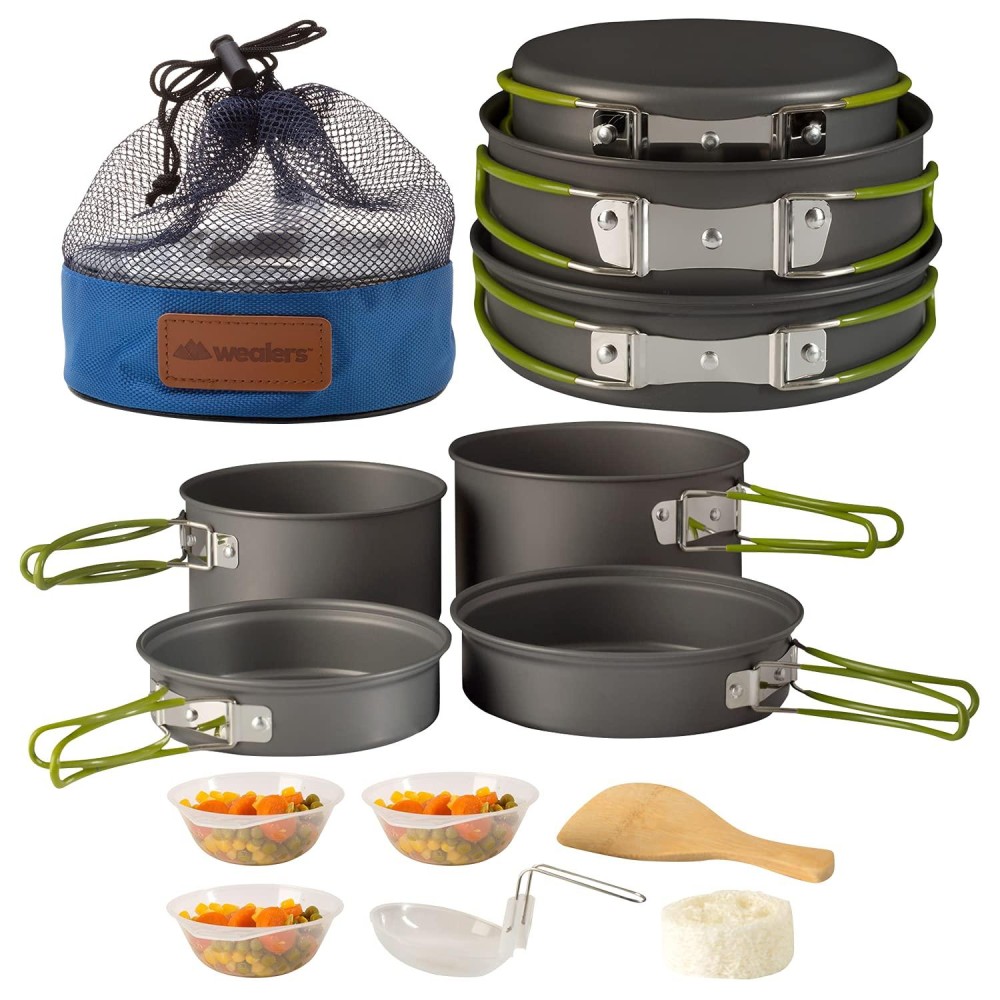 Wealers Camping Cookware 11 Piece Outdoor Mess Kit Backpacking Trailblazing add on Compact Lightweight Durable with Chef Pots, Bowls, Utensils and Mesh Carry Bag Included (11 Piece Set)