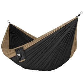 Fox Outfitters Neolite Single Camping Hammock - Lightweight Portable Nylon Parachute Hammock for Backpacking, Travel, Beach, Yard. Hammock Straps & Steel Carabiners Included (Khaki/Black)