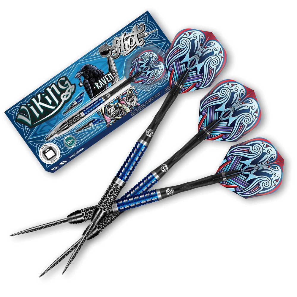 Shot Darts Steel Tip, Viking Raven (22g/23g/24g/25g), 90% Tungsten Barrels, Center Balanced with with Dual Grip, Handcrafted Professional Dart Set and Flights Made in New Zealand, Metal Tip Bar Darts