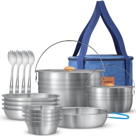 WEALERS Camping Cookware & Dinnerware Set- 17 Pieces Stainless Steel Pots and Pans Set with Plates, Bowls & Sporks in Travel Mesh Bag for Camping, Trekking, Backyard Picnic & Backpacking Gear