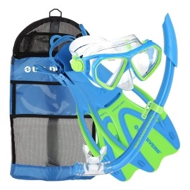 U.S. Divers Junior Kids Dorado Mask, Proflex Fins, & Sea Breeze Snorkel Set with Carry Travel Bag, Fun Blue