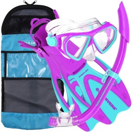 U.S. Divers Junior Kids Dorado Mask, Proflex Fins, & Sea Breeze Snorkel Set with Carry Travel Bag, Fun Purple