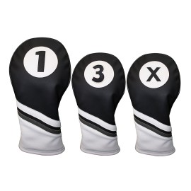Majek Golf Headcovers Black and White Leather Style 1, 3, X Driver and Fairway Head Covers Fits 460cc Drivers