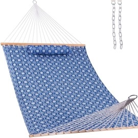 Lazy Daze 12 FT Double Quilted Fabric Hammock with Spreader Bars and Detachable Pillow, 2 Person Hammock for Outdoor Patio Backyard Poolside, 450 LBS Weight Capacity, Blue Floral