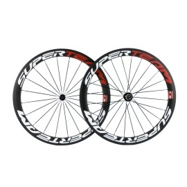 Superteam Carbon Fiber Road Bike Wheels 700C Clincher Wheelset 50mm Matte 23 Width (Red and White Decal)