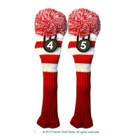 Majek #4 & 5 Hybrid Combo Pack Rescue Utility Red and White Golf Headcover Knit Pom Pom Retro Classic Vintage Head Cover
