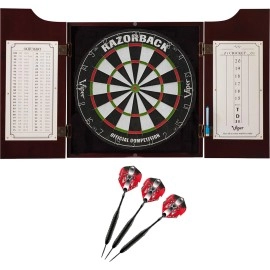 Viper by GLD Products Hudson All-in-One Dart Center: Classic Solid Wood Cabinet & Official Sisal/Bristle Dartboard Bundle: Premium Set (Razorback Dartboard and Darts), Mahogany Finish (40-0327)