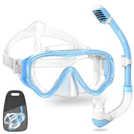 WACOOL Snorkeling Snorkel Diving Scuba Package Set Gear for Kids Youth Junior Anti-Fog Coated Glass with Silicon Mouth Piece Purge Valve and Anti-Splash (SkyBlue)