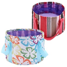 Shimmery 2 Pack Outdoor Collapsible Bucket 12L -Multifunctional Folding Bucket -Perfect Gear for Camping, Hiking & Travel Red Stripe/Flower