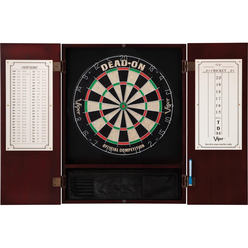 Viper Metropolitan Solid Wood Cabinet & Sisal/Bristle Dartboard Ready-to-Play Bundle: Deluxe Set (Dead On Dartboard and Darts), Mahogany Finish