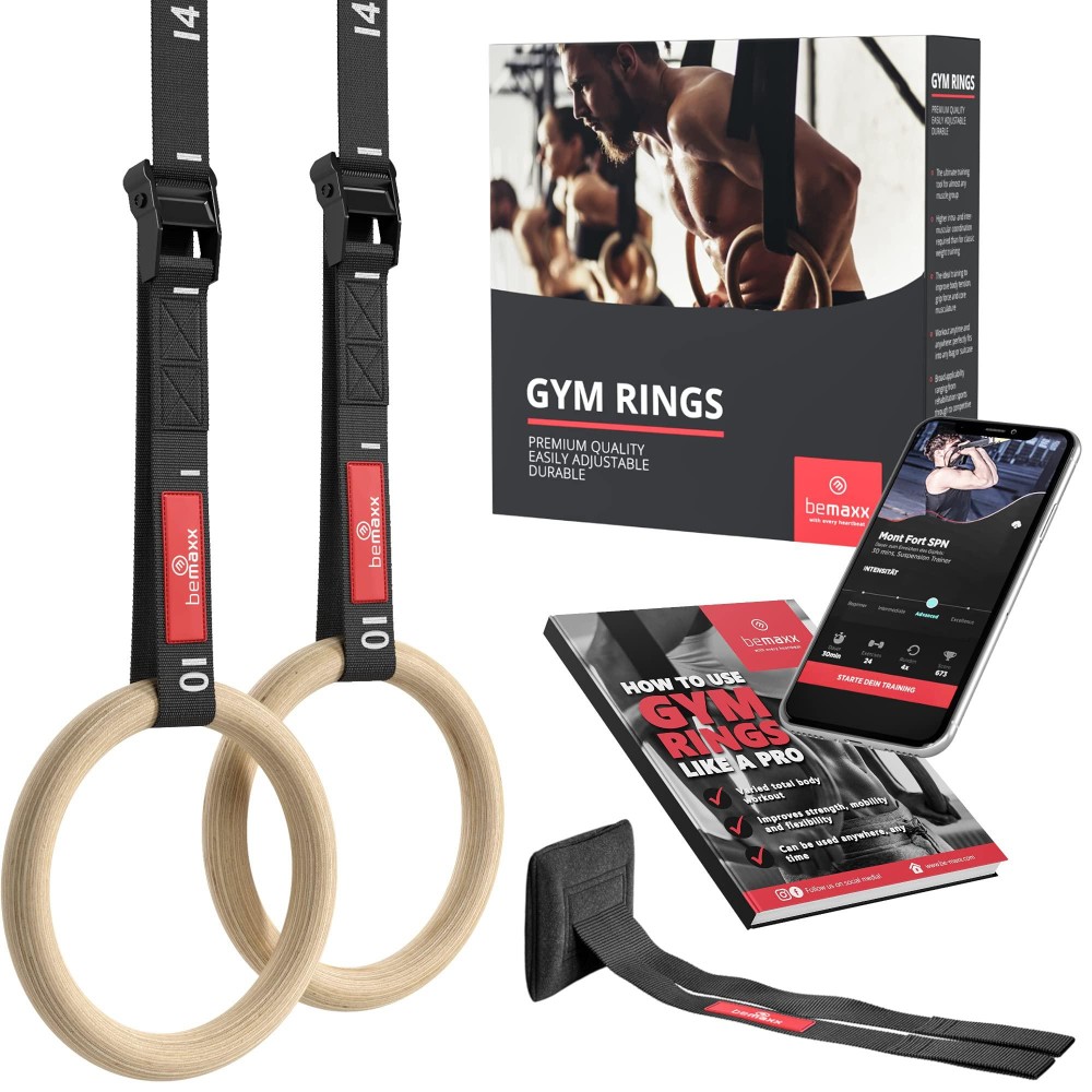 BeMaxx Gymnastic Rings Set Wood + Door Anchor Attachment, Exercise eBook & Safety Straps + Length Markings Wooden Olympic Gym Gymnastics Athletic Fitness Home Workout Muscle Training