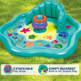 SwimSchool Baby Splash Play Mat with Adjustable Canopy - Inflatable Play Pool for Babies & Infants with Backrest - Includes Baby Water Toy Rings