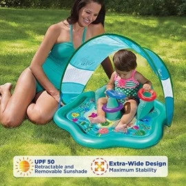 SwimSchool Baby Splash Play Mat with Adjustable Canopy - Inflatable Play Pool for Babies & Infants with Backrest - Includes Baby Water Toy Rings